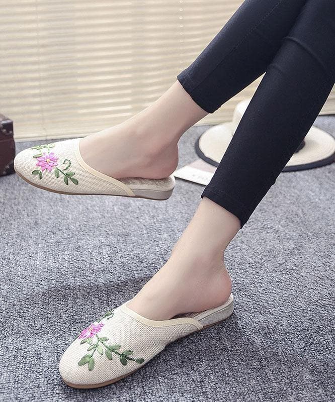 Women Khaki Embroideried Linen Fabric Slippers Shoes LT210723