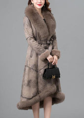 Women Khaki Fur collar Sashes Pockets Patchwork Leather And Fur Parkas In Winter GK-DJK220830