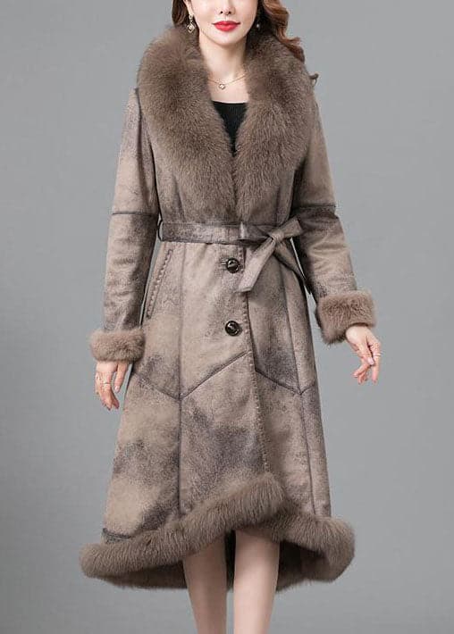 Women Khaki Fur collar Sashes Pockets Patchwork Leather And Fur Parkas In Winter GK-DJK220830