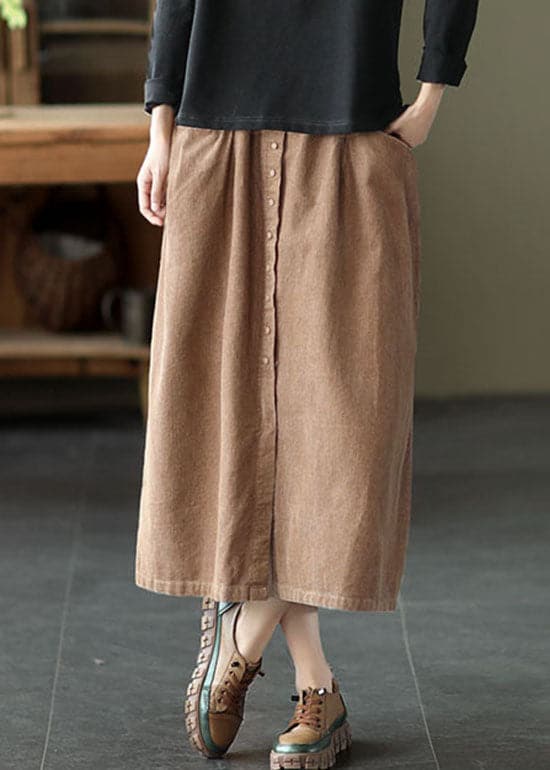 Women Khaki elastic waist button Pockets Corduroy Skirts Spring GK-SKTS220127