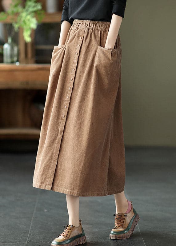 Women Khaki elastic waist button Pockets Corduroy Skirts Spring GK-SKTS220127