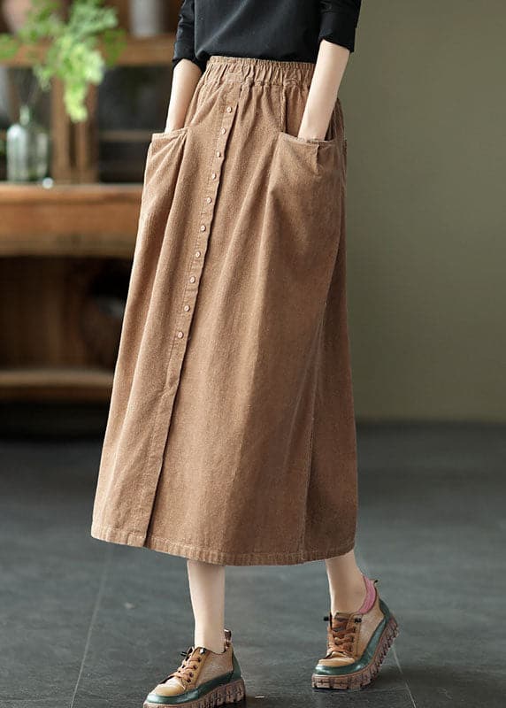 Women Khaki elastic waist button Pockets Corduroy Skirts Spring GK-SKTS220127