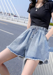 Women Light Blue Elastic Waist drawstring Asymmetrical Pockets Cotton Denim Short Pants Summer nz-SPTS220524