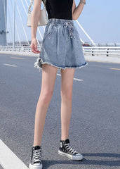 Women Light Blue Elastic Waist drawstring Asymmetrical Pockets Cotton Denim Short Pants Summer nz-SPTS220524