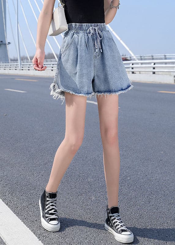 Women Light Blue Elastic Waist drawstring Asymmetrical Pockets Cotton Denim Short Pants Summer nz-SPTS220524