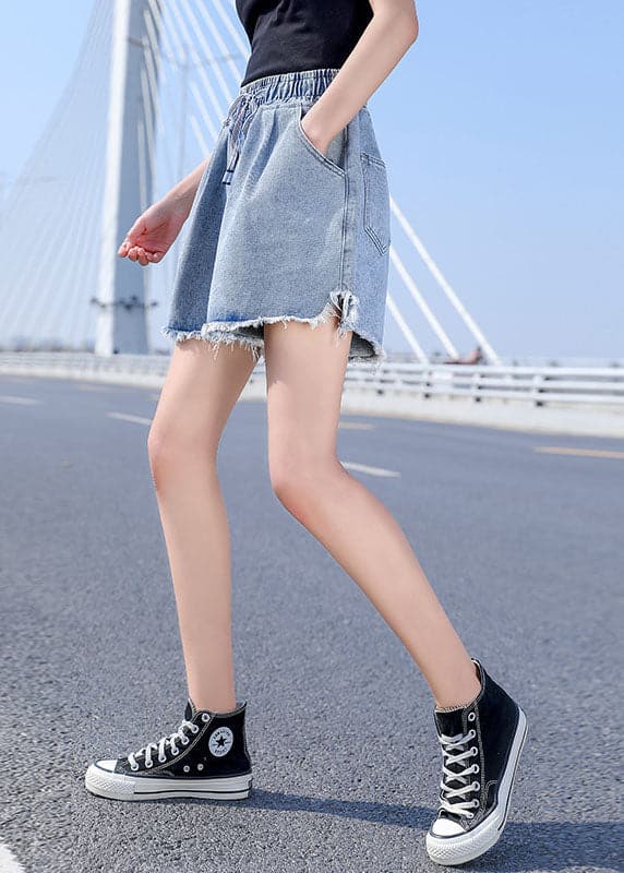 Women Light Blue Elastic Waist drawstring Asymmetrical Pockets Cotton Denim Short Pants Summer nz-SPTS220524