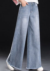 Women Light Blue High Waist Pockets Tassel Cotton Denim Wide Leg Pants Summer NZ-LPTS22060701