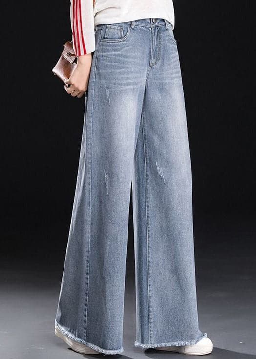 Women Light Blue High Waist Pockets Tassel Cotton Denim Wide Leg Pants Summer NZ-LPTS22060701