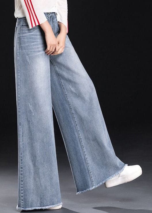 Women Light Blue High Waist Pockets Tassel Cotton Denim Wide Leg Pants Summer NZ-LPTS22060701