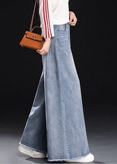 Women Light Blue High Waist Pockets Tassel Cotton Denim Wide Leg Pants Summer NZ-LPTS22060701