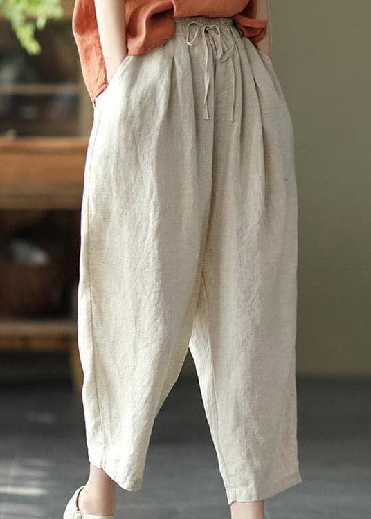 Women Linen Colour Drawstring Pockets Elastic Waist Linen Crop Pants Summer GK-CPTS220328