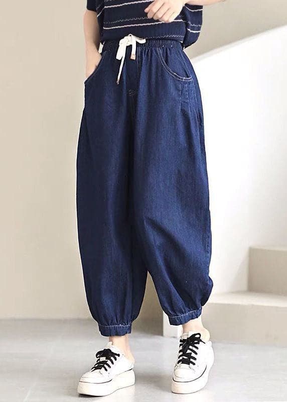 Women Navy Solid Elastic Waist drawstring Pockets Cotton Denim Beam Pants Summer nz-LPTS220524