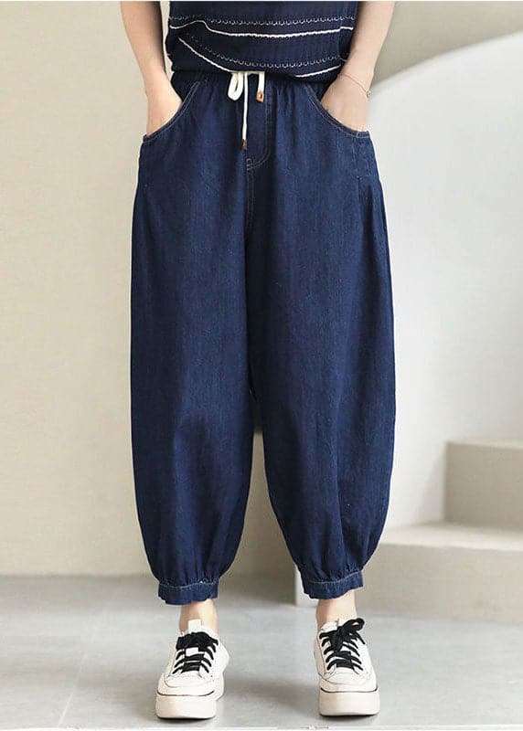 Women Navy Solid Elastic Waist drawstring Pockets Cotton Denim Beam Pants Summer nz-LPTS220524