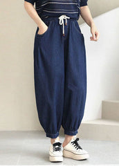 Women Navy Solid Elastic Waist drawstring Pockets Cotton Denim Beam Pants Summer nz-LPTS220524