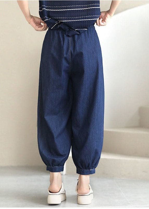 Women Navy Solid Elastic Waist drawstring Pockets Cotton Denim Beam Pants Summer nz-LPTS220524