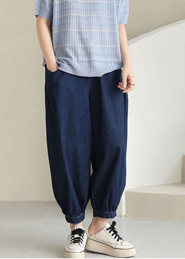 Women Navy Solid Elastic Waist drawstring Pockets Cotton Denim Beam Pants Summer nz-LPTS220524