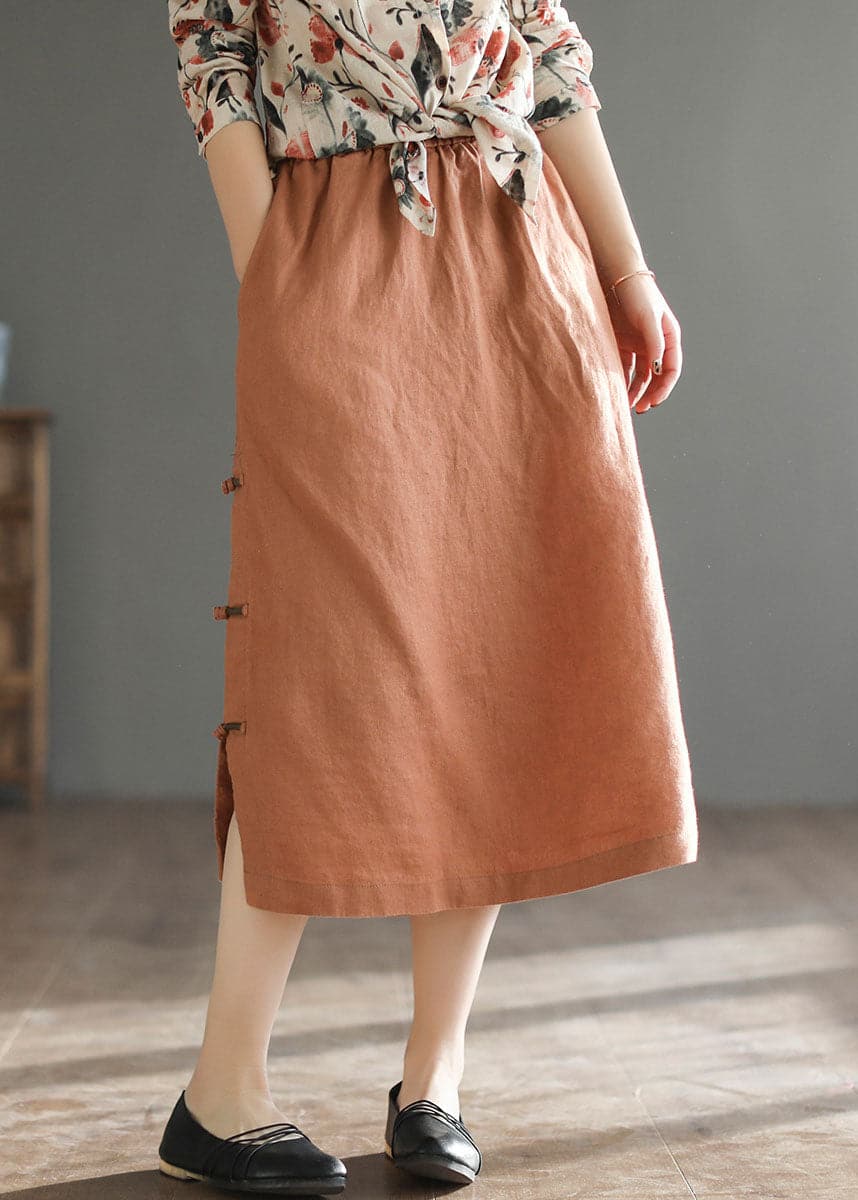 Women Orange Oriental Elastic Waist Pocket Linen A Line Skirts Summer GK-SKTS220516