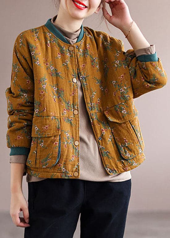 Women Orange Pockets Print Fine Cotton Filled Coats Spring GK-CTS220228