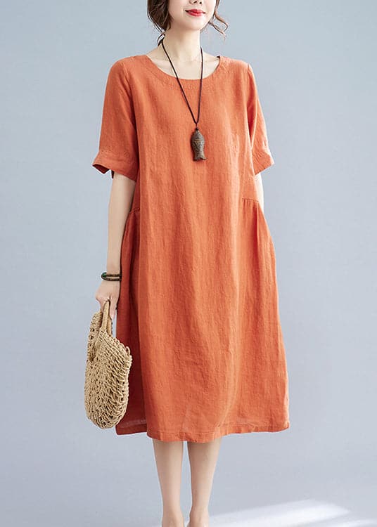 Women Orange Solid O-Neck Linen Dresses Short Sleeve GK-SDL220418