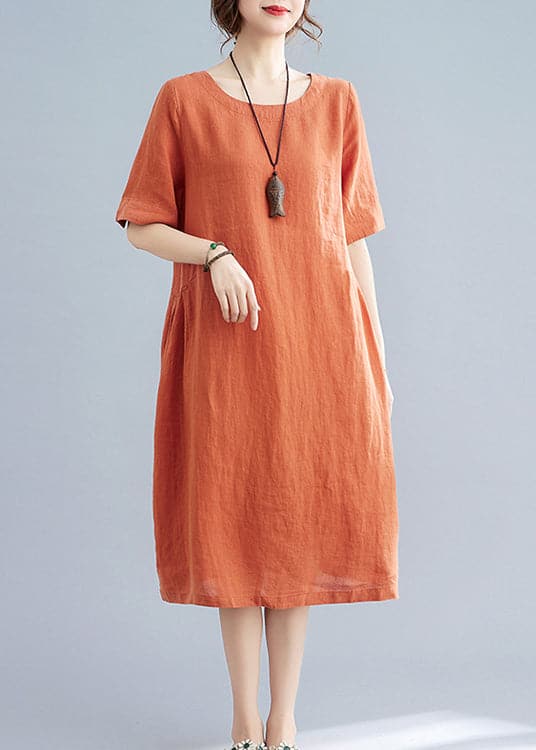 Women Orange Solid O-Neck Linen Dresses Short Sleeve GK-SDL220418