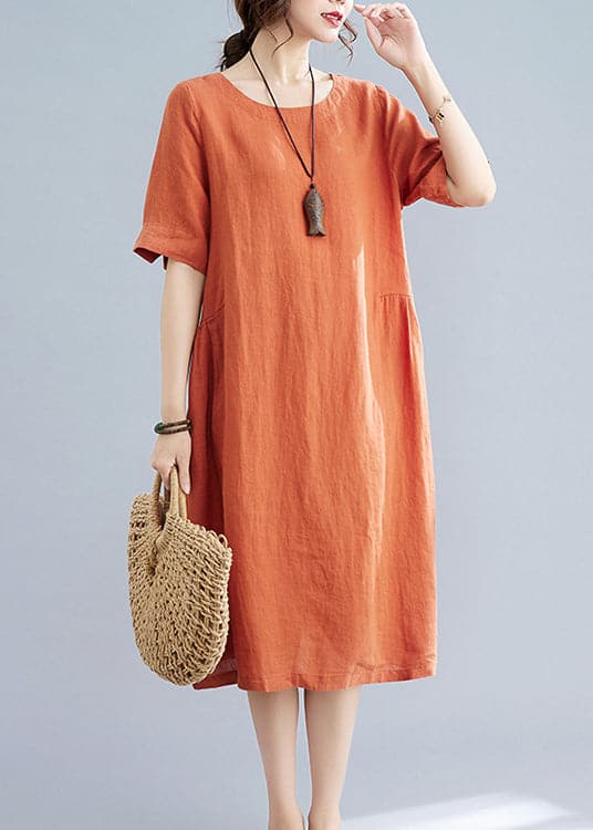 Women Orange Solid O-Neck Linen Dresses Short Sleeve GK-SDL220418