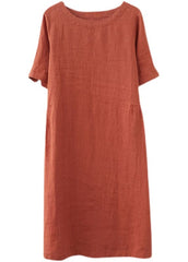 Women Orange Solid O-Neck Linen Dresses Short Sleeve GK-SDL220418