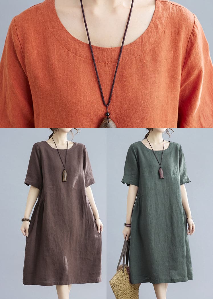 Women Orange Solid O-Neck Linen Dresses Short Sleeve GK-SDL220418