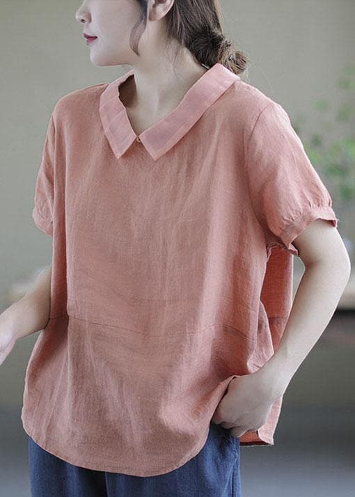 Women Pink Peter Pan Collar Patchwork Summer Ramie Shirts Short Sleeve GK-STP210720