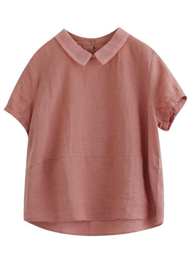 Women Pink Peter Pan Collar Patchwork Summer Ramie Shirts Short Sleeve GK-STP210720