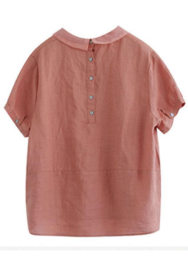 Women Pink Peter Pan Collar Patchwork Summer Ramie Shirts Short Sleeve GK-STP210720