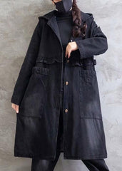 Women Plus Size Overcoat Denim Black Hooded Ruffles Outwear TCT210101