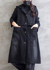 Women Plus Size Overcoat Denim Black Hooded Ruffles Outwear TCT210101