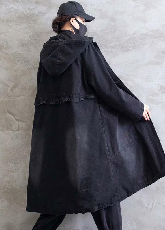 Women Plus Size Overcoat Denim Black Hooded Ruffles Outwear TCT210101