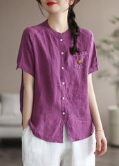 Women Purple Embroideried Pocket Linen Shirt Top Short Sleeve GK-STP220523