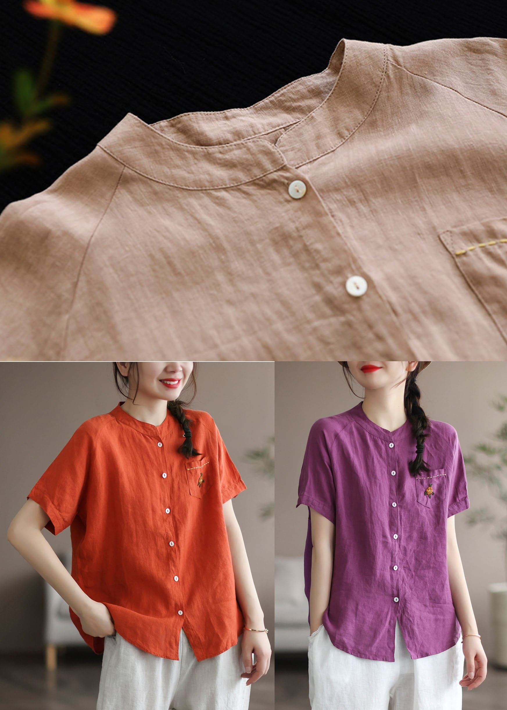 Women Purple Embroideried Pocket Linen Shirt Top Short Sleeve GK-STP220523