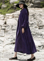 Women Purple Embroideried Pockets Corduroy Dress Spring RX-FDL220112