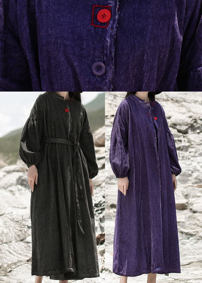 Women Purple Embroideried Pockets Corduroy Dress Spring RX-FDL220112