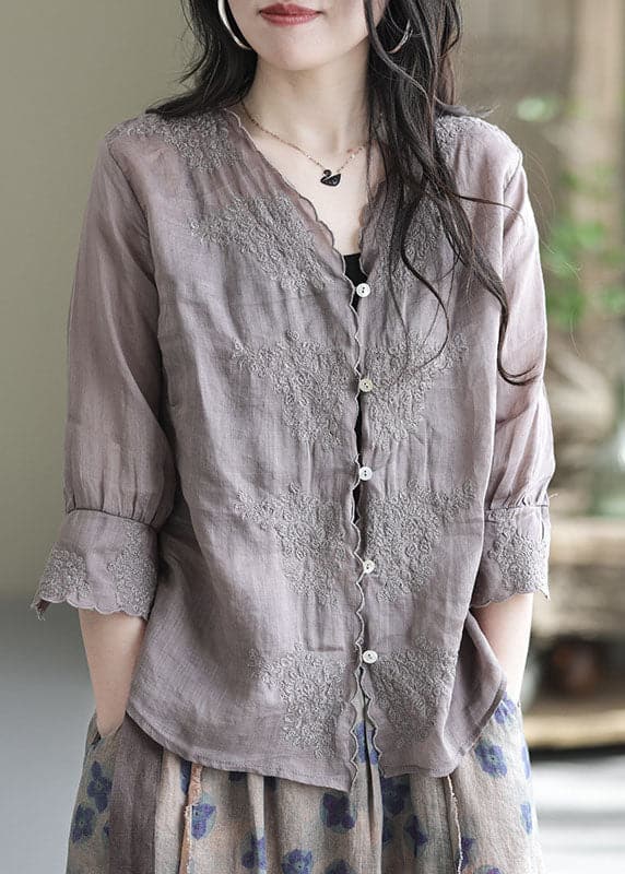 Women Purple V Neck Button Linen Shirt Half Sleeve GK-HTP220512