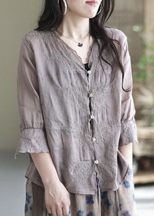 Women Purple V Neck Button Linen Shirt Half Sleeve GK-HTP220512