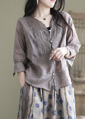 Women Purple V Neck Button Linen Shirt Half Sleeve GK-HTP220512