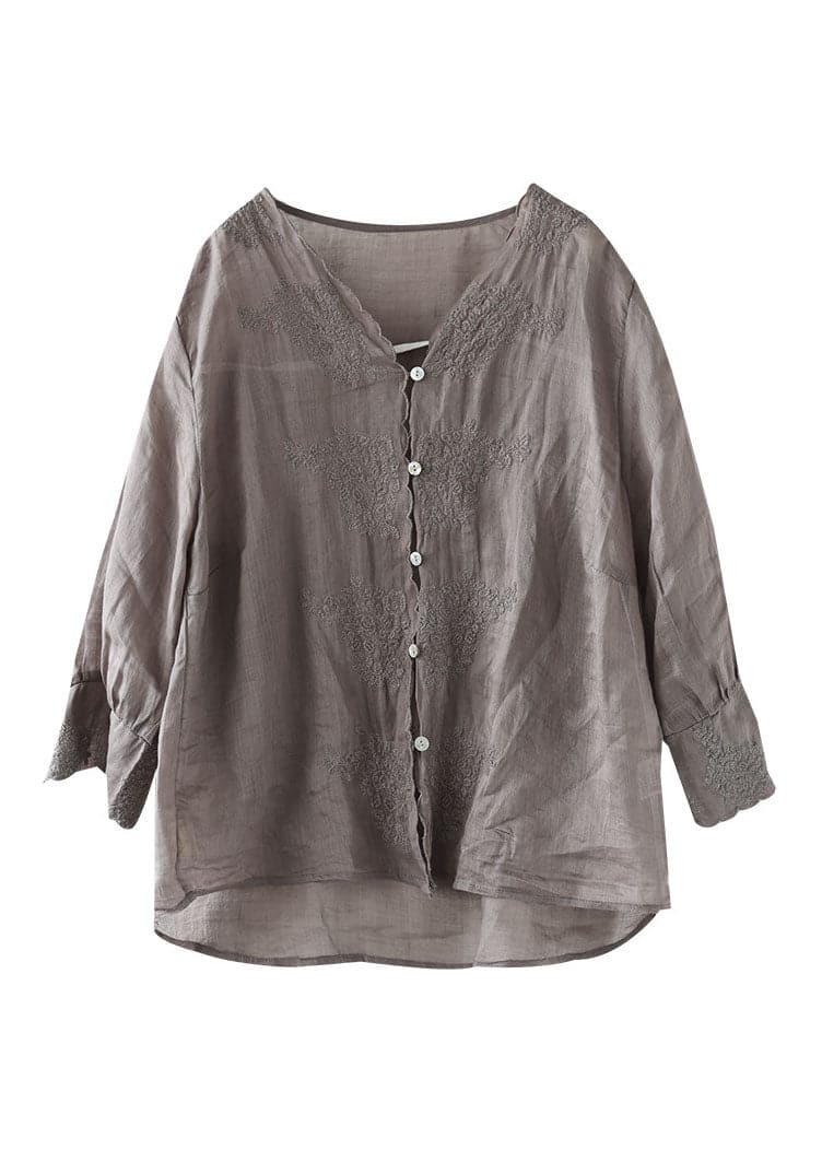 Women Purple V Neck Button Linen Shirt Half Sleeve GK-HTP220512