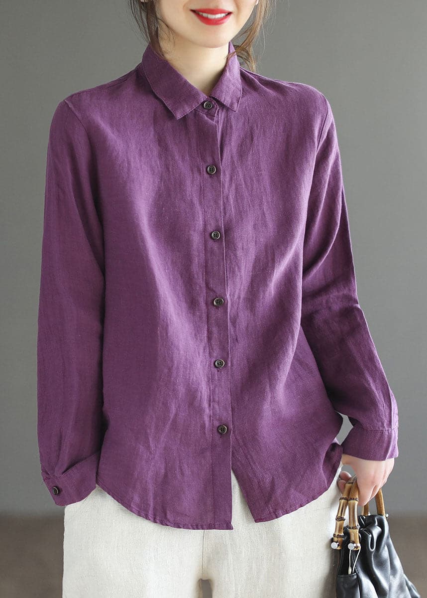 Women Purple button Peter Pan Collar Linen Shirt top Long Sleeve GK-LTP220228