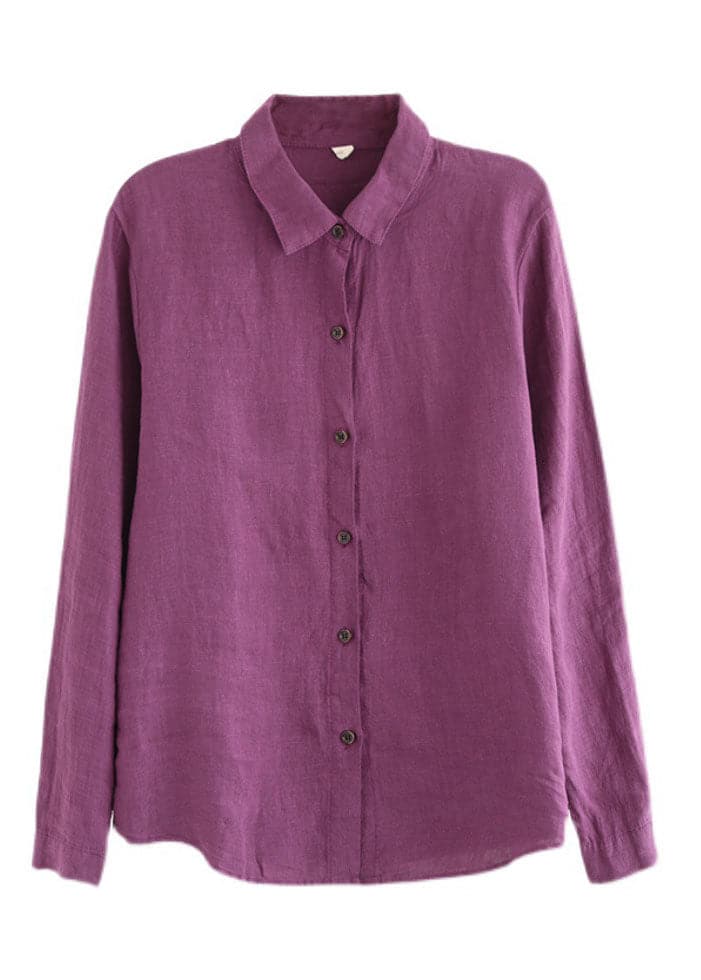 Women Purple button Peter Pan Collar Linen Shirt top Long Sleeve GK-LTP220228