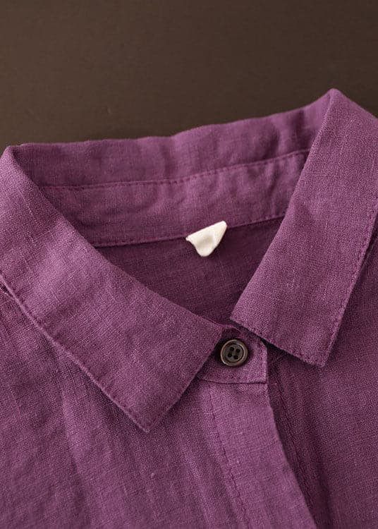 Women Purple button Peter Pan Collar Linen Shirt top Long Sleeve GK-LTP220228