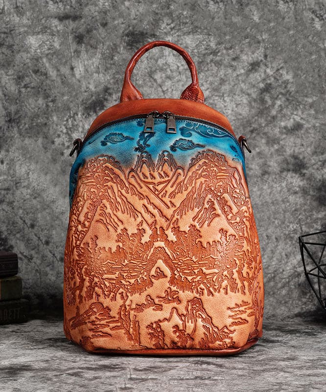 Women Red Brown Embossing Paitings Calf Leather Backpack Bag BGS211230