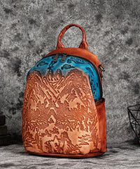 Women Red Brown Embossing Paitings Calf Leather Backpack Bag BGS211230