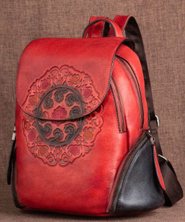 Women Red Embossing Paitings Calf Leather Backpack Bag BGS211230