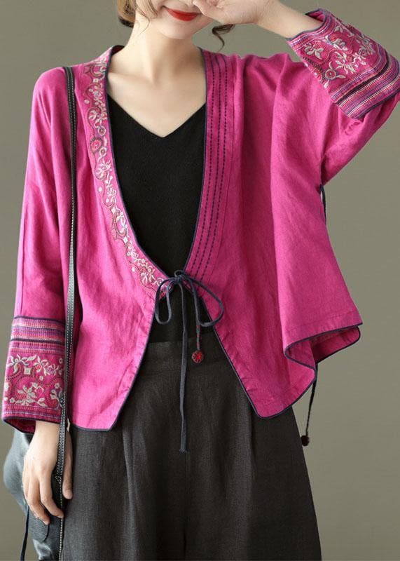 Women Red Embroideried Long sleeve Linen Shirt GK-LTP210715