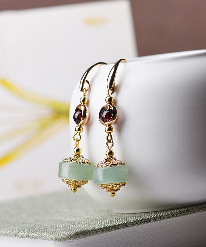 Women Red Gem Stone And Jade 14K Gold Drop Earrings Jew-EAR220805