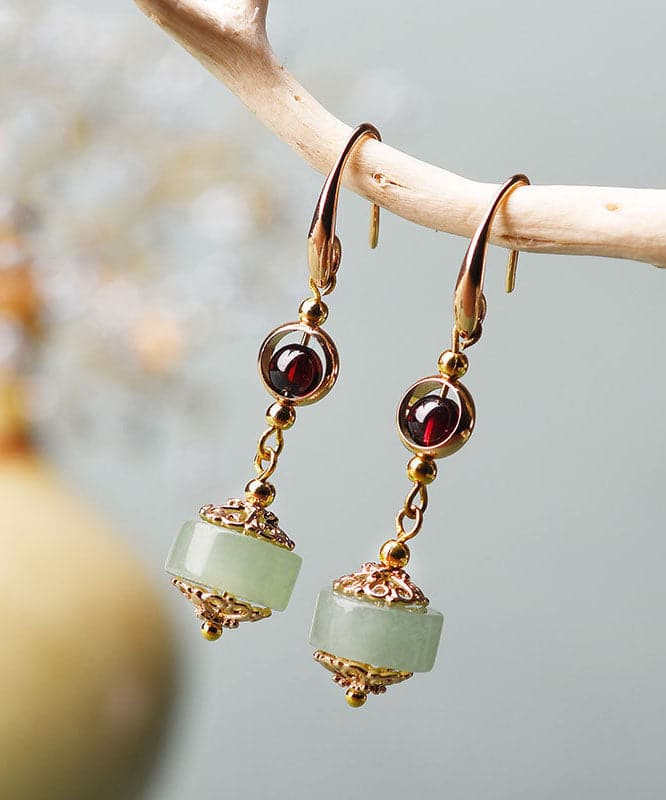 Women Red Gem Stone And Jade 14K Gold Drop Earrings Jew-EAR220805